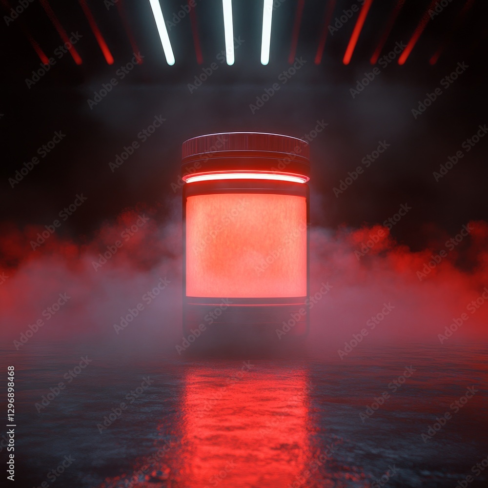 Aufkleber glowing red container in smoky cyberpunk environment with neon lights above