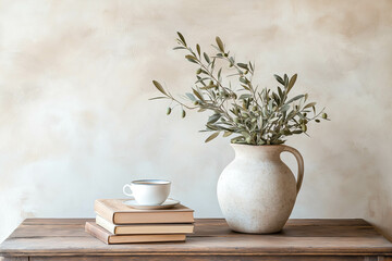 Neutral Mediterranean home design. Textured vase with olive tree branches, cup of coffee. Books on wooden table. Living room still life. Empty wall copy space