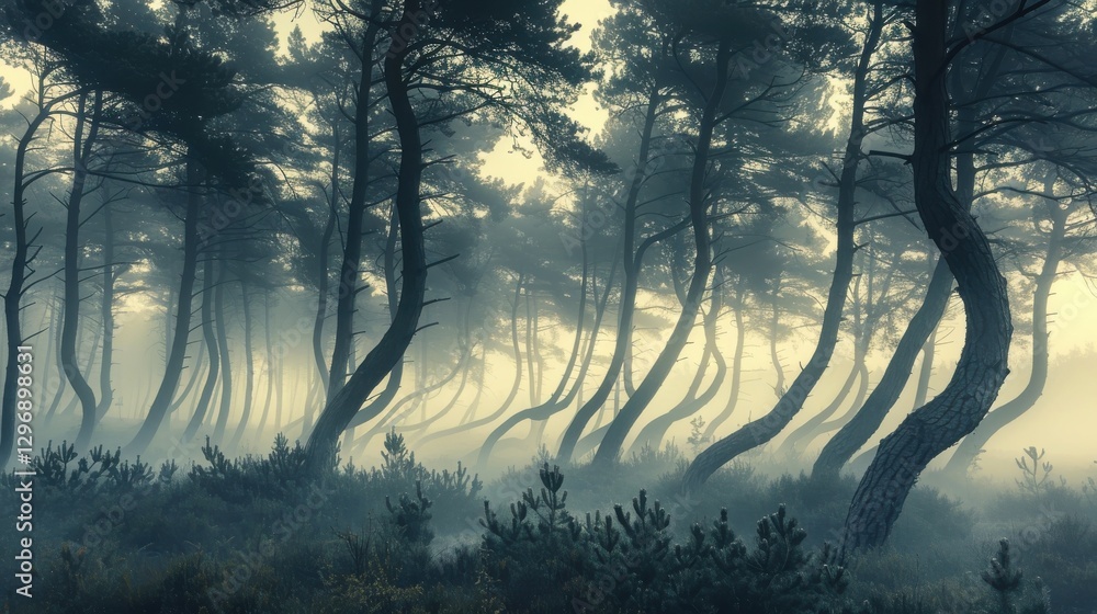 Poster mysterious twisted trees in foggy forest landscape with ethereal atmosphere and soft lighting