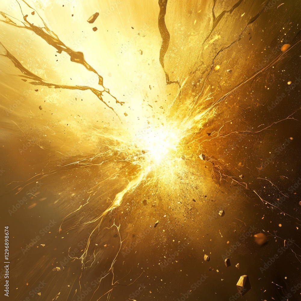 Poster golden explosion: abstract burst of energy with debris and intense light, evoking power and transfor