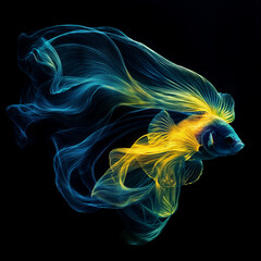 The image shows a fish with vibrant yellow and blue hues, set against a dark background, with flowing, almost ethereal lines adding a mesmerizing effect.