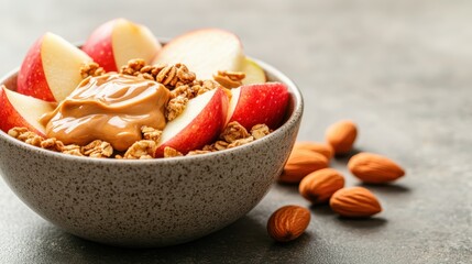 An inviting bowl featuring red apple slices accompanied by creamy peanut butter and granola, perfect for demonstrating a healthy lifestyle and delicious eating.