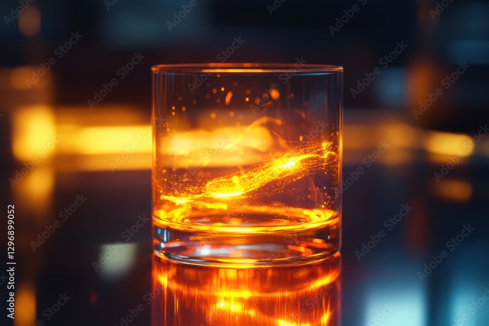 Poster transparent gas suspended within a laboratory beaker shows molecular activity illuminated in vibrant