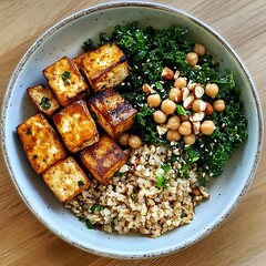 Delicious tofu grain bowl kitchen food photography cozy setting close-up healthy eating