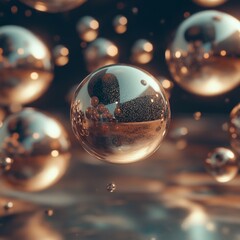 Golden Spheres Floating in the Dark: Abstract Metallic Bubbles with Reflections and Depth of Field Creating a Dreamy, Surreal Atmosphere.