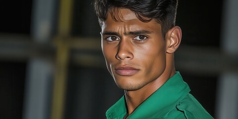 A young male athlete stands with a determined expression, showcasing his athleticism during a training session at a sports facility in the evening. The lighting accentuates his features