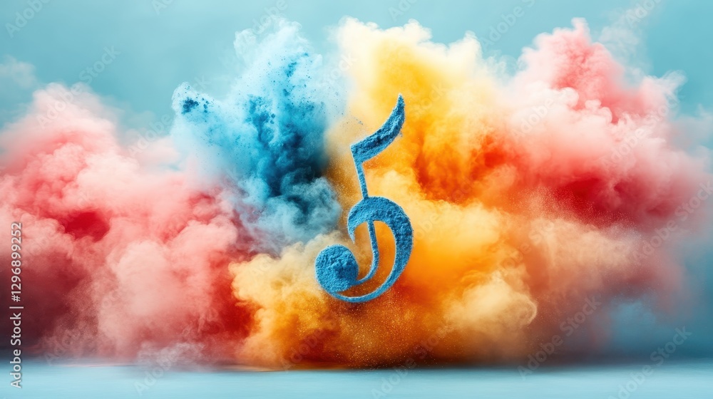 Poster a vibrant display of powders in various hues combined with musical notes, visually representing the 