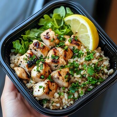Grilled chicken bowl restaurant food photography urban setting close-up healthy eating
