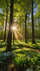 Fototapeta premium Sunlight filters through a serene forest, creating a peaceful scene with lush foliage and wildflowers.