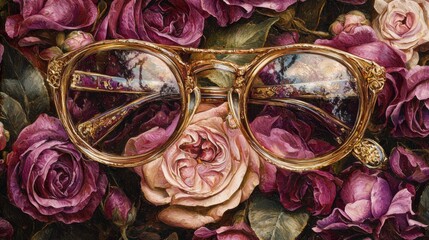 Vintage eyewear resting on vibrant roses, showcasing intricate design against a floral backdrop with lush colors and textures