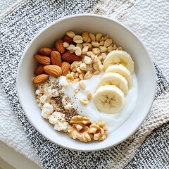 Healthy breakfast bowl nutrient-rich ingredients kitchen food photography cozy atmosphere top view wellness
