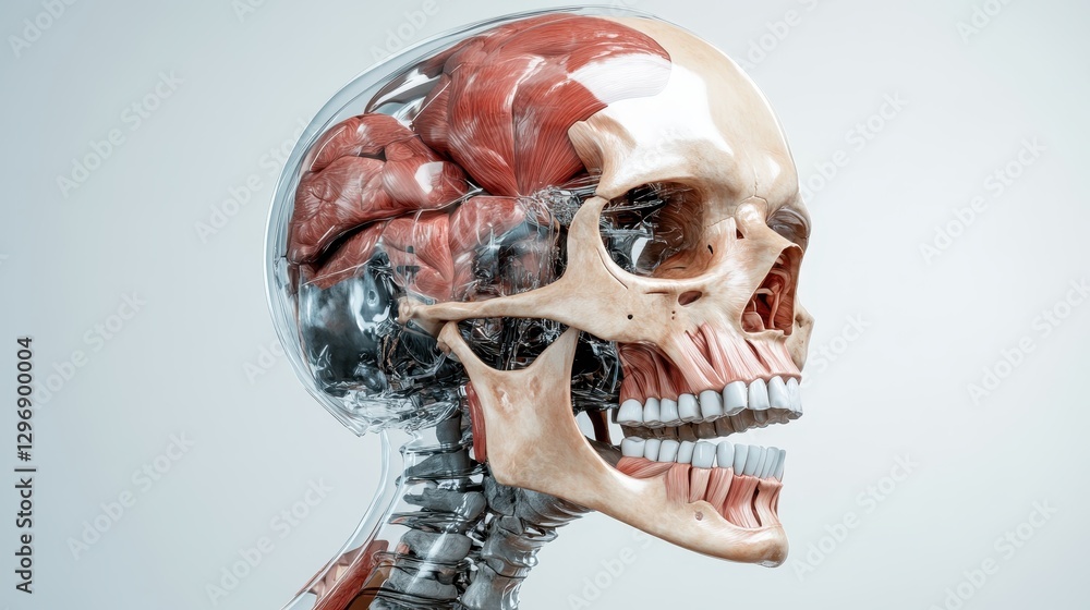Poster a transparent 3d rendering of a human skull displaying the brain and underlying muscles, emphasizing