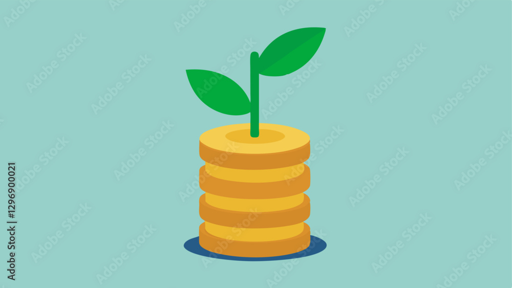 Poster stack of coins with leaves a vector showing a stack of coins with small green leaves sprouting from 