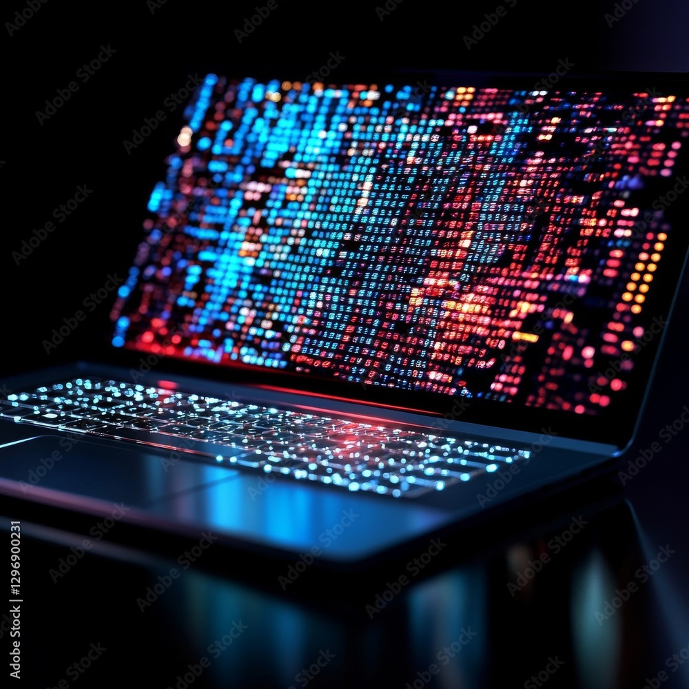 Leinwandbilder laptop displaying abstract code in blue and red: a glimpse into the digital realm