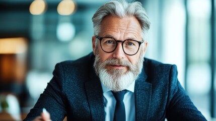 A smiling businessman with glasses and a beard is in a smart outfit, sitting in a stylish office, conveying a sense of approachability and expertise for business discussions.