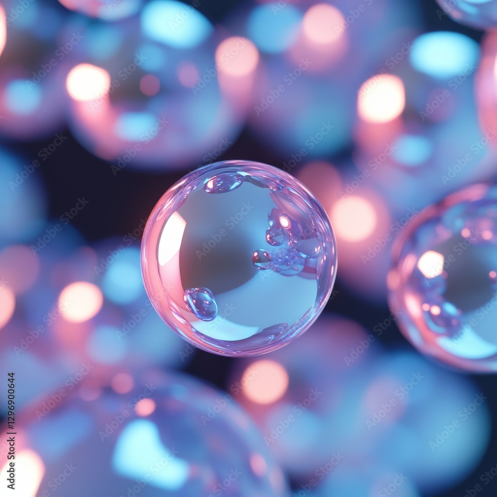 Poster luminous spheres: a close-up of iridescent bubbles floating in a dreamy haze of blue and pink light