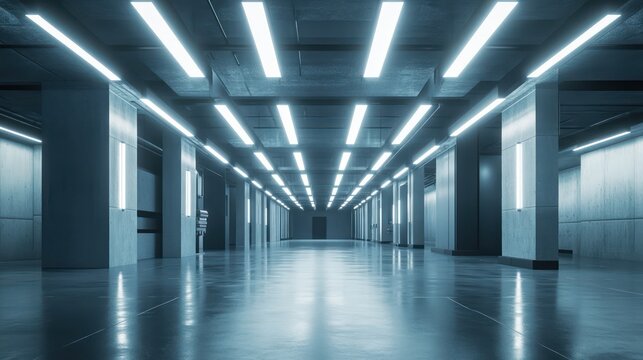 A modern architectural hallway lit by bright linear ceiling lights