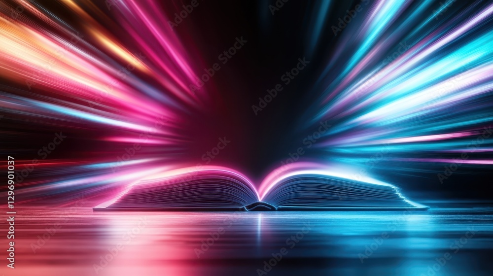Aufkleber an open book bursts with vibrant light trails, symbolizing knowledge and imagination, creating an ar