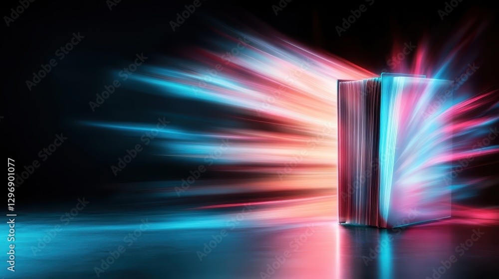 Poster a dynamic book portrayed with trails of colorful light, illustrating the journey of thoughts and cre