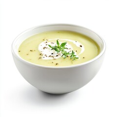 Photorealistic celery soup with cream and thyme in white bowl