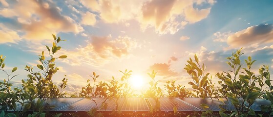 Sunrise over solar panels green field nature scene bright sky wide angle renewable energy concept