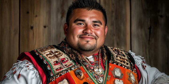 A man displays traditional clothing adorned with vibrant colors and intricate designs, standing confidently against a wooden backdrop, highlighting cultural significance and pride