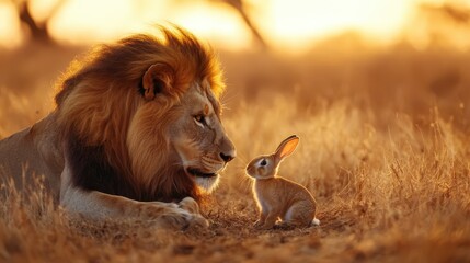 A heartwarming scene where a lion and a bunny share a moment in the golden light of dusk, highlighting the beauty of nature's unexpected relationships and gentle wonders.