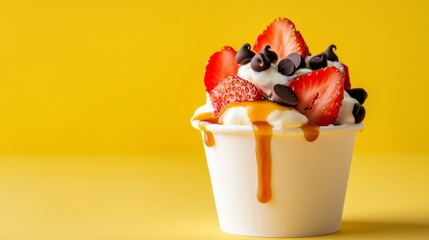 Vanilla ice cream in a paper cup with caramel sauce and strawberry slices. Frozen yogurt with strawberries and chocolate chips.