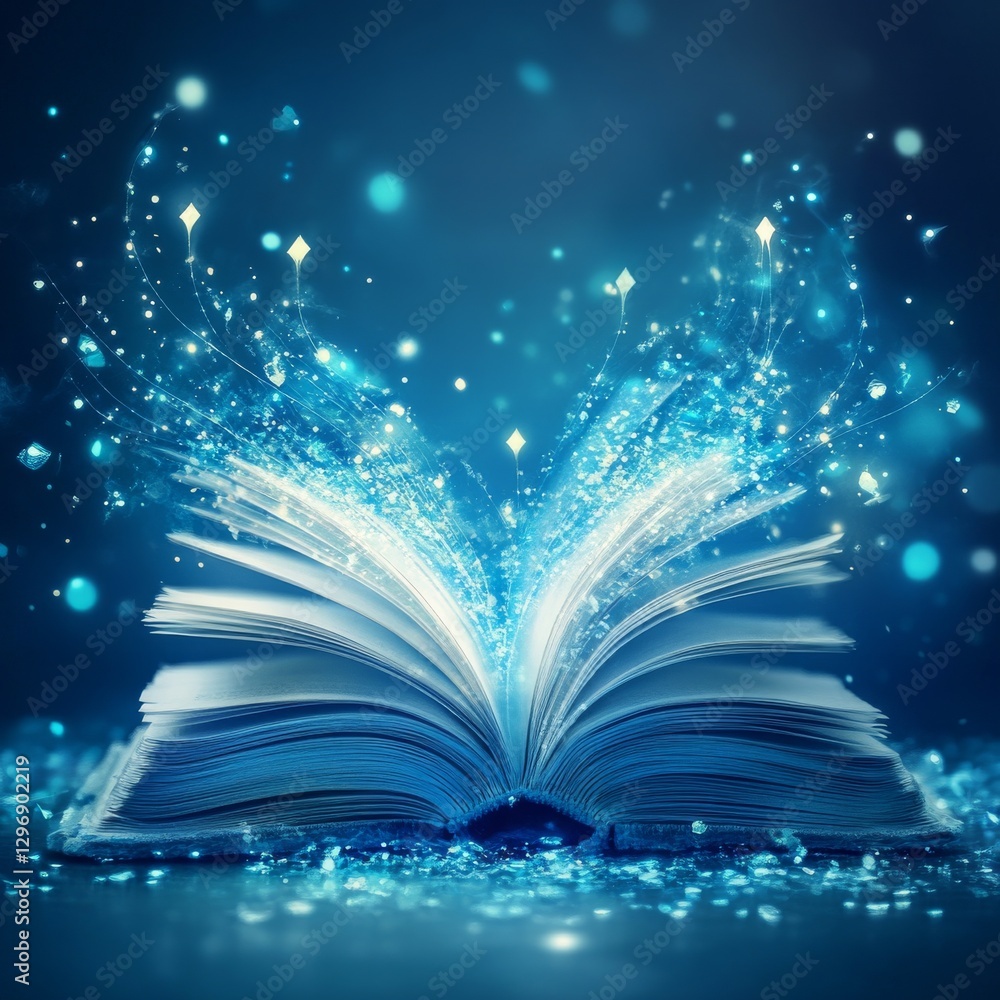 Aufkleber mystical book unleashing knowledge: sparkling lights emanating from opened pages in a magical, encha
