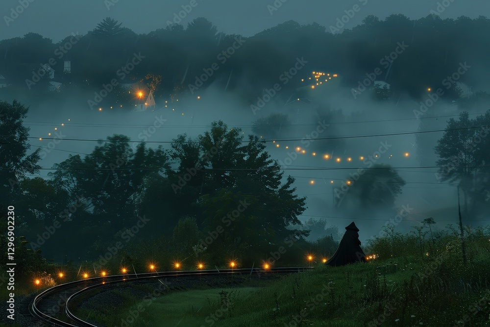 Poster a mysterious, foggy landscape at dusk with soft lights illuminating a winding path, creating a seren