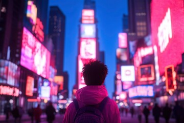 Person stares at brightly lit billboards in Times Square