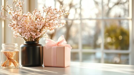 A beautiful setting featuring a delicate flower arrangement in a black vase, perfectly illuminated by natural light, enhancing the tranquility and beauty of the scene.