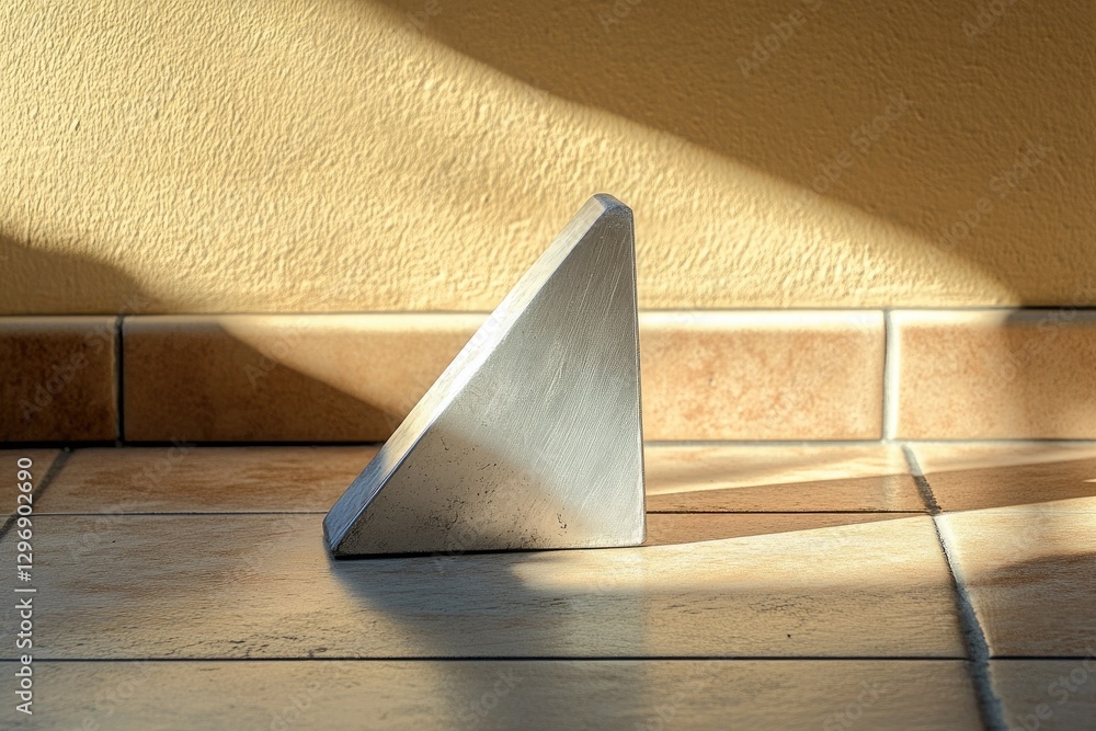 Poster Metallic Triangle Object on Tile Floor Illuminated by Sunlight
