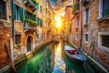 Fototapeta premium Venetian Canal: Narrow Passage with Two Boats, Italy