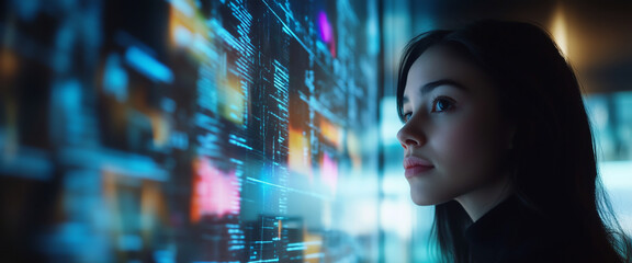 A close-up portrait of a young girl standing closer to a vibrant, glowing digital wall. For futuristic technology, digital era, and innovation themes.