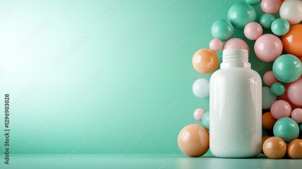 Poster a sleek white bottle is elegantly surrounded by a cluster of colorful spheres, creating a vibrant an