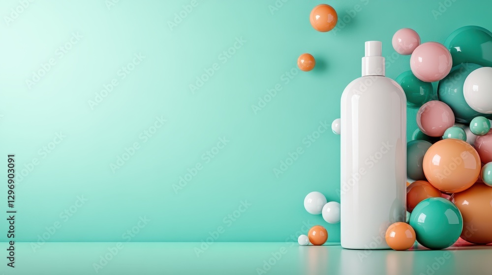 Poster an elegant white bottle stands prominently among an array of colorful spheres, creating a captivatin