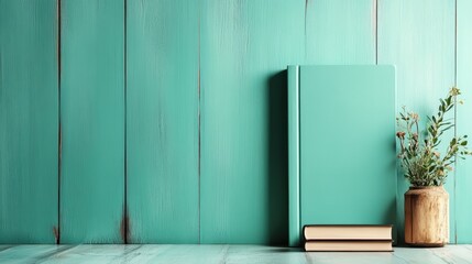 A tranquil turquoise wooden wall serves as a backdrop for stacked books and a simple flower arrangement, creating an inviting atmosphere that encourages relaxation and contemplation.