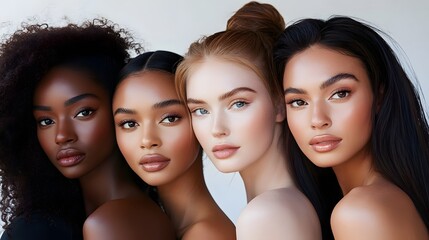 Obraz premium Four women of different ethnicities standing together on a white background.