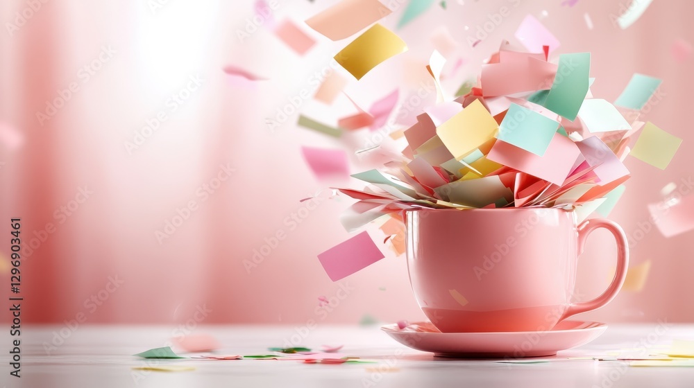 Poster a creative composition featuring a pink cup bursting with colorful notes, symbolizing explosive crea