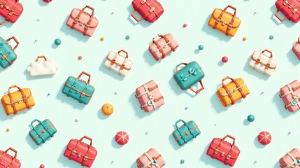 A delightful arrangement of colorful travel bags on a pastel background, featuring charming decorative elements scattered among the luggage, creating a cheerful and playful pattern.