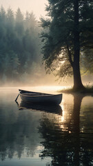 The image shows a solitary rowboat floating on a calm, mist shrouded lake.