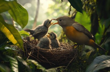 Fototapeta premium Mother Bird Feeding Chicks in Nest Amidst Lush Greenery and Natural Light in a Woodland Setting