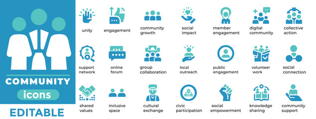 Engaging community vector icons for social groups, teamwork, volunteering, and connections. Perfect for web and print