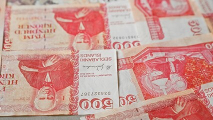 Icelandic banknotes scattered on a surface showcasing the detailed imagery and vibrant colors of...