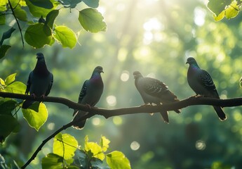 Obraz premium Four Colorful Birds Perched on a Branch in a Lush Green Forest Surrounded by Sunlight and Leaves Creating a Serene Natural Atmosphere