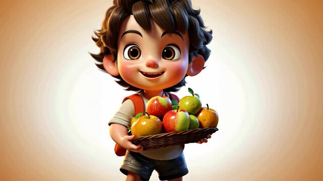 A 3D cute boy holding a basket with apples School Learning Healthy Eating in 4K - Powered by Adobe