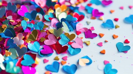 Colorful confetti hearts on a light background radiating joy and fun
