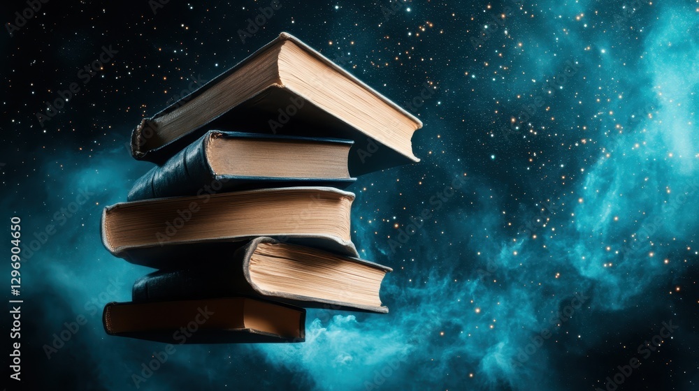Poster a stack of books is depicted floating in a mesmerizing cosmic background, blending the themes of kno
