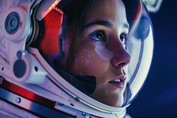 Contemplative female astronaut in helmet with reflective expression